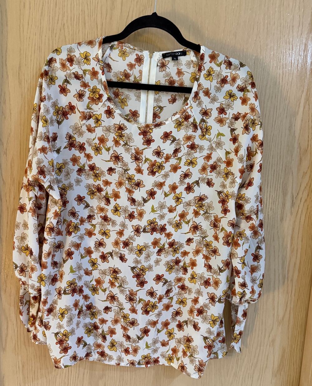 Papermoon Floral Tie-Sleeve High-Low Blouse XL Ivory Rust Fall